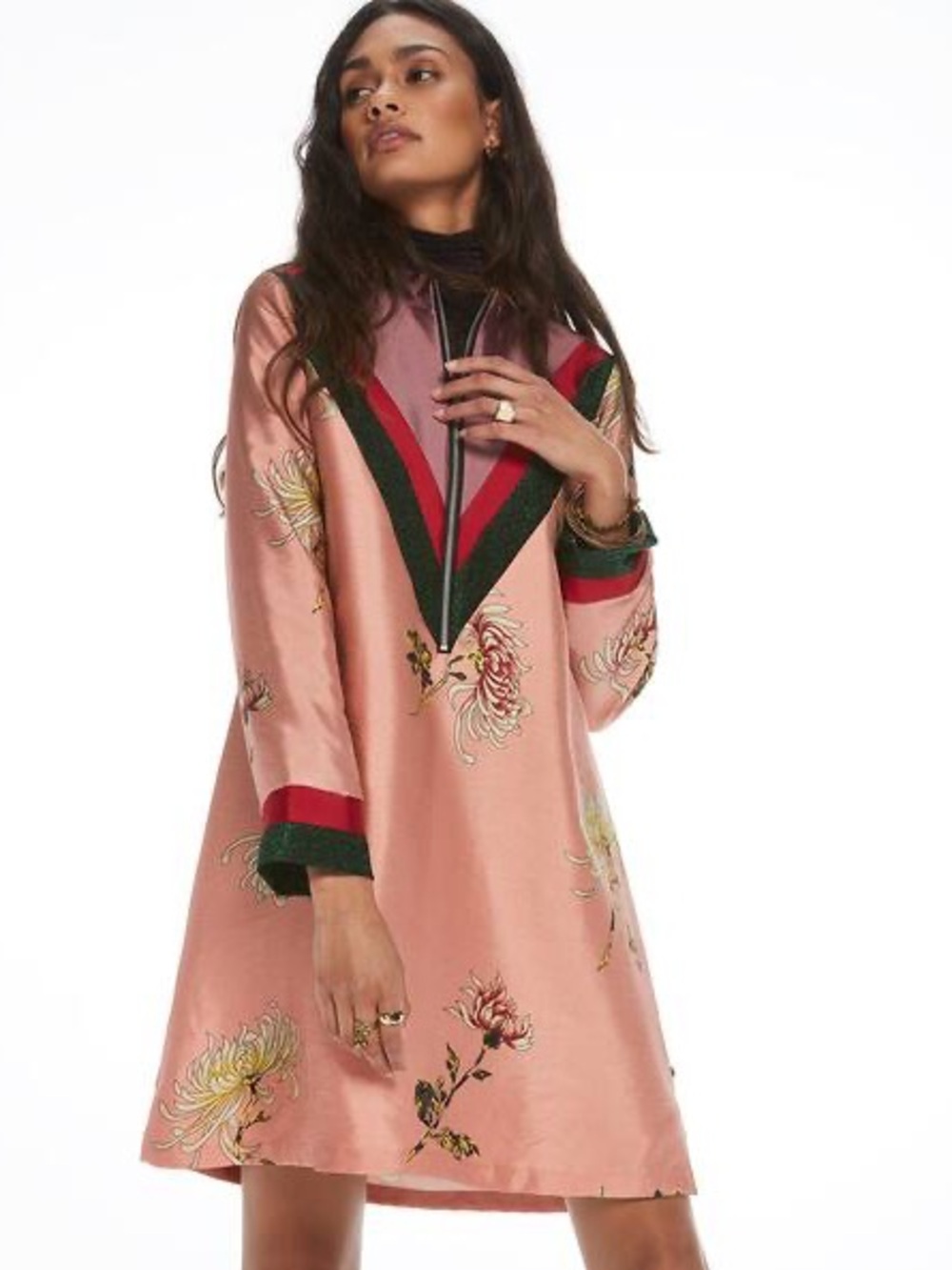 Scotch & Soda Pink Floral A-Line Satin Dress with Green and Red Trim